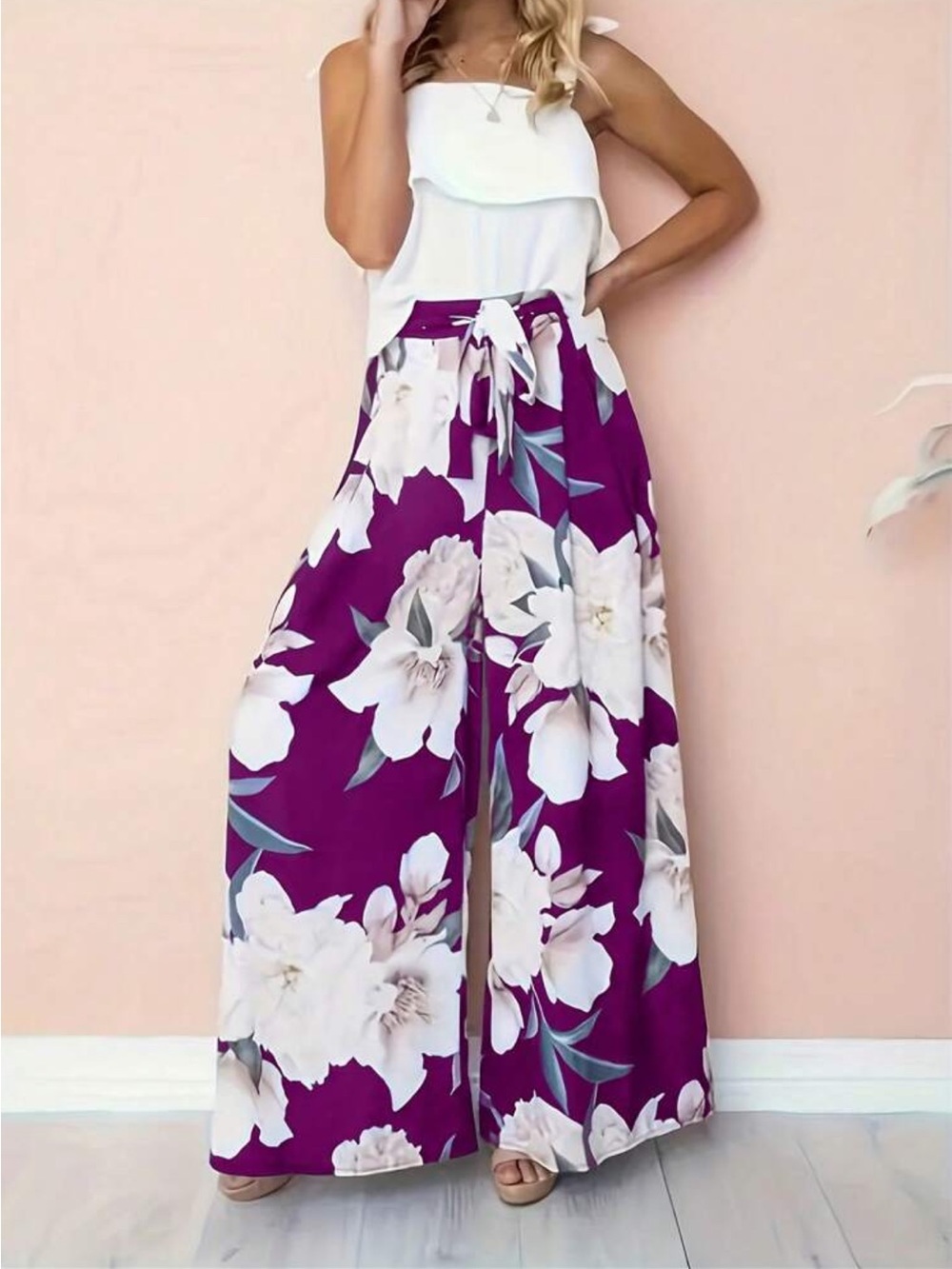 Wide-Leg Floral Print Palazzo Pants - Purple